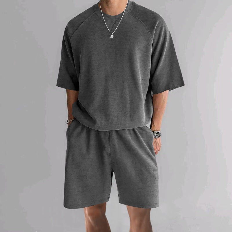 Men's Terry Casual Round Neck Sports Shorts Short Sleeve Two-piece Set