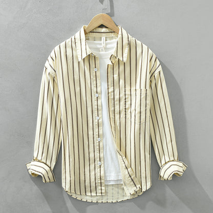 Square Collar Striped Casual Shirt Trendy Loose-fitting Versatile Blouse Pure Cotton Coat