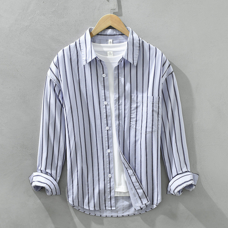 Square Collar Striped Casual Shirt Trendy Loose-fitting Versatile Blouse Pure Cotton Coat