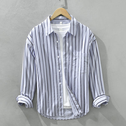 Square Collar Striped Casual Shirt Trendy Loose-fitting Versatile Blouse Pure Cotton Coat