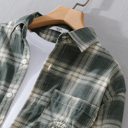 Cotton Plaid Long-sleeved Shirt Retro Cotton Brushed Casual Overshirt