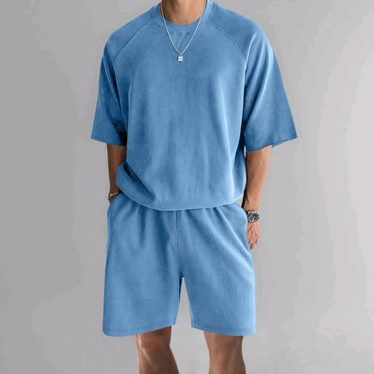 Men's Terry Casual Round Neck Sports Shorts Short Sleeve Two-piece Set